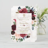 Charm Burgundy Blush Flowers Cross Marble Baptisme Kaart (Staand voorkant)