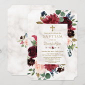 Charm Burgundy Blush Flowers Cross Marble Baptisme Kaart (Voorkant / Achterkant)