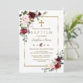 Charm Burgundy Blush Flowers Gold Cross Baptisme Kaart (Staand voorkant)
