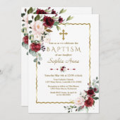 Charm Burgundy Blush Flowers Gold Cross Baptisme Kaart (Voorkant / Achterkant)
