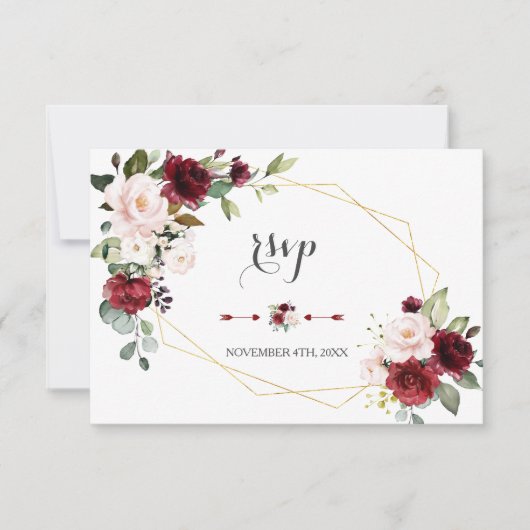 Charm Burgundy Blush Flowers Gold Lijst Wedding RSVP Kaartje (Voorkant)