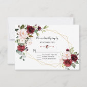 Charm Burgundy Blush Flowers Gold Lijst Wedding RSVP Kaartje (Achterkant)