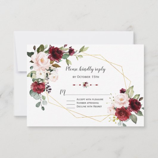 Charm Burgundy Blush Flowers Gold Lijst Wedding RSVP Kaartje (Achterkant)