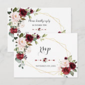 Charm Burgundy Blush Flowers Gold Lijst Wedding RSVP Kaartje (Voorkant / Achterkant)