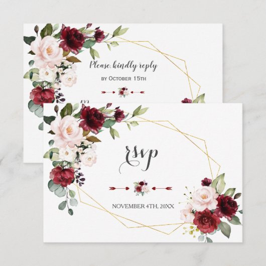 Charm Burgundy Blush Flowers Gold Lijst Wedding RSVP Kaartje (Voorkant / Achterkant)