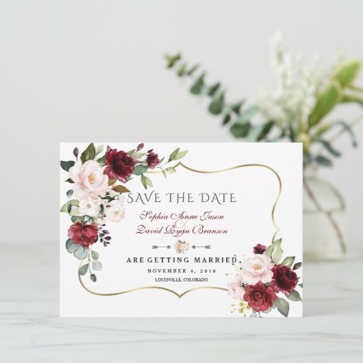 Charm Burgundy Blush Flowers Gold Lijst Wedding Save The Date (Staand voorkant)
