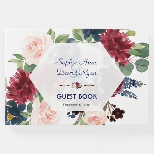 Charm Burgundy Floral Hexagon Lijst Wedding Gastenboek (Voorkant)