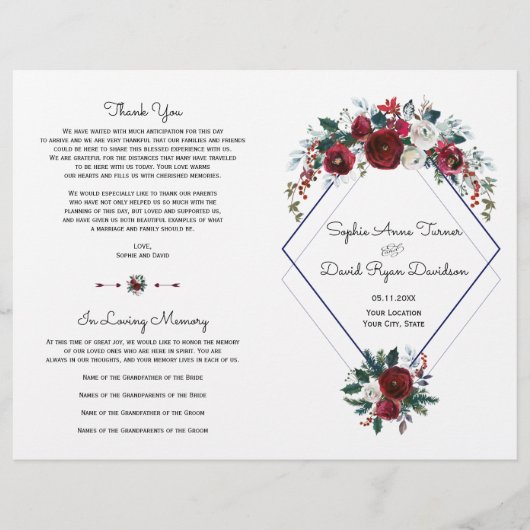 Charm Burgundy Floral Navy Blue Wedding Programme (Voorkant)