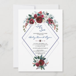 Charm Burgundy Floral Navy Sip & See Baby shower Kaart