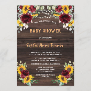Charm Burgundy Floral Sunflower Baby shower Kaart