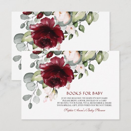 Charm Burgundy Flowers Books for Baby shower Informatiekaartje (Voorkant / Achterkant)