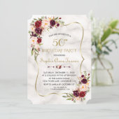 Charm Burgundy Flowers Gold Marble 50th Birthday Kaart (Staand voorkant)