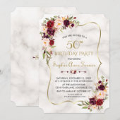 Charm Burgundy Flowers Gold Marble 50th Birthday Kaart (Voorkant / Achterkant)