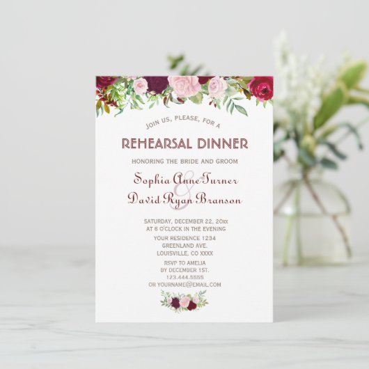 Charm Burgundy Marsala Bloemendineravond Kaart (Staand voorkant)