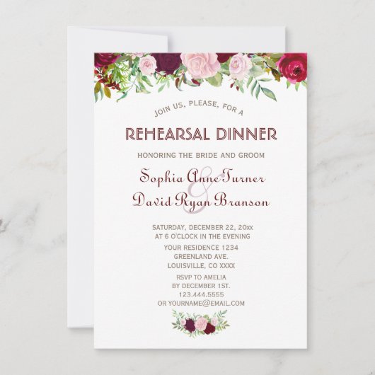 Charm Burgundy Marsala Bloemendineravond Kaart (Voorkant)