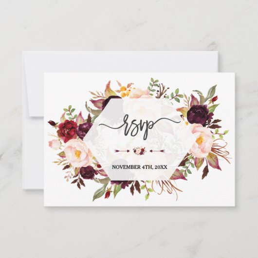 Charm Burgundy Marsala Floral Geometric Wedding RSVP Kaartje (Voorkant)
