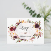 Charm Burgundy Marsala Floral Geometric Wedding RSVP Kaartje (Staand voorkant)