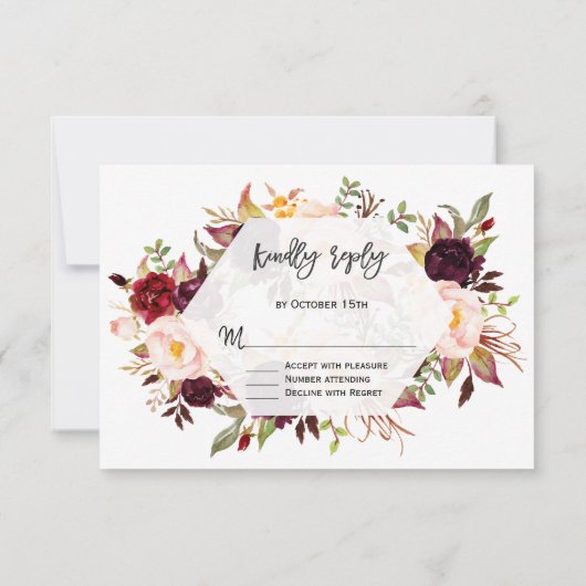 Charm Burgundy Marsala Floral Geometric Wedding RSVP Kaartje (Achterkant)