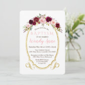 Charm Burgundy Marsala Floral Gold Baptism Invite Kaart (Staand voorkant)