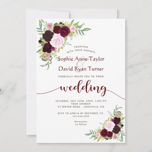 Charm Burgundy Marsala Floral Gold Wedding Kaart (Voorkant)