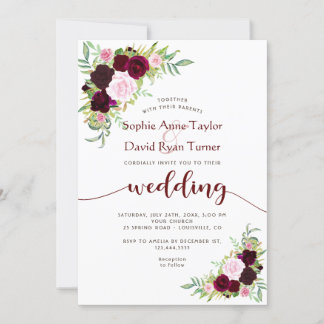 Charm Burgundy Marsala Floral Gold Wedding Kaart