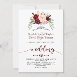 Charm Burgundy Marsala Floral Handwriting Wedding Kaart