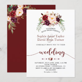 Charm Burgundy Marsala Floral Handwriting Wedding Kaart