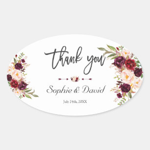 Charm Burgundy Marsala Floral Handwriting Wedding Ovale Sticker