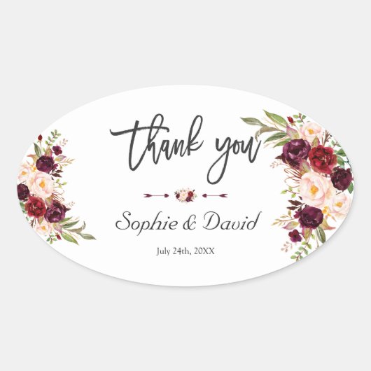 Charm Burgundy Marsala Floral Handwriting Wedding Ovale Sticker (Voorkant)