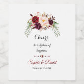 Charm Burgundy Marsala Floral Handwriting Wedding Wijn Etiket (Enkel label)