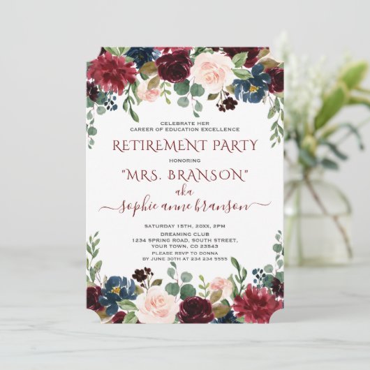 Charm Burgundy Navy Blauw Bloemig Pensioenfeest Kaart (Staand voorkant)