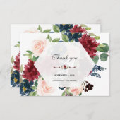 Charm Burgundy Navy Blauwe Bloem Hexagonaal Frame Bedankkaart (Voorkant / Achterkant)