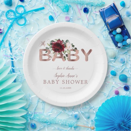 Charm Burgundy Pink Floral Gold Girl Baby shower Papieren Bordje (Feest)