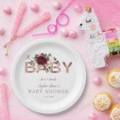 Charm Burgundy Pink Floral Gold Girl Baby shower Papieren Bordje (Feest)