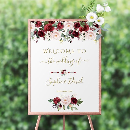 Charm Burgundy Pink Floral Welcome Weduwenbord Poster