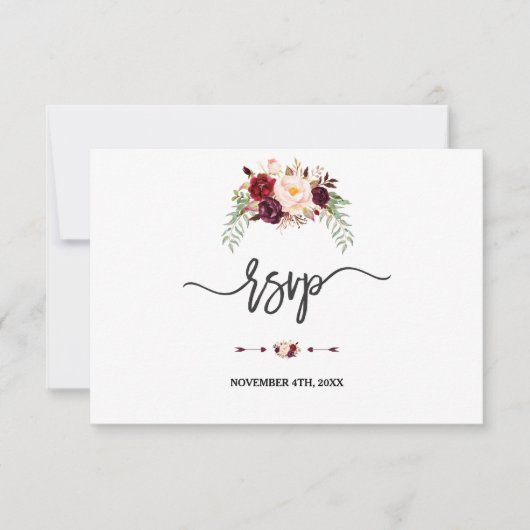 Charm Burgundy Red Marsala Floral Handwriting RSVP (Voorkant)
