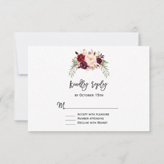 Charm Burgundy Red Marsala Floral Handwriting RSVP (Achterkant)