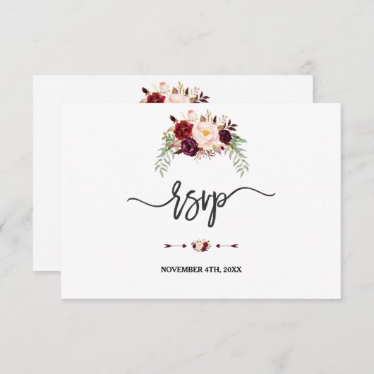 Charm Burgundy Red Marsala Floral Handwriting RSVP (Voorkant / Achterkant)