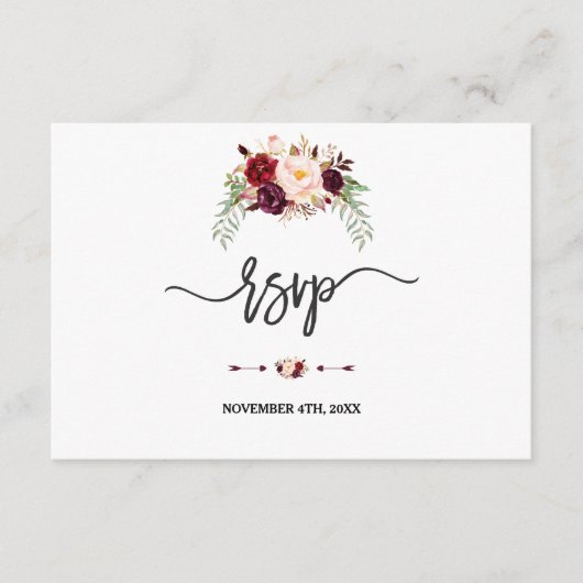 Charm Burgundy Red Marsala Floral Handwriting RSVP (Voorkant)