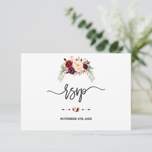 Charm Burgundy Red Marsala Floral Handwriting RSVP (Staand voorkant)