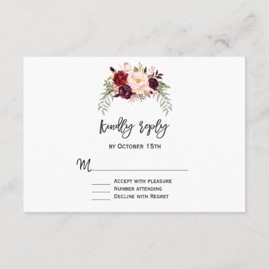 Charm Burgundy Red Marsala Floral Handwriting RSVP (Achterkant)