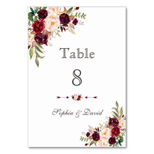 Charm Burgundy Red Marsala Floral Table Number Kaart (Voorkant)