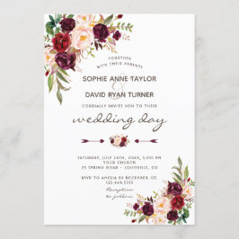 Charm Burgundy Red Marsala Floral Wedding Invite Kaart