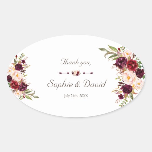 Charm Burgundy Red Marsala Floral Wedding Ovale Sticker (Voorkant)