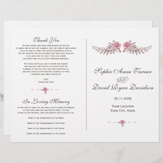 Charm Burgundy Red Marsala Floral Wedding Programm (Voorkant / Achterkant)