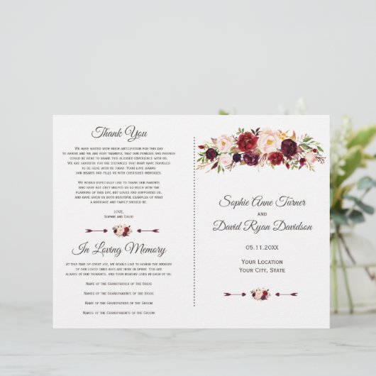 Charm Burgundy Red Marsala Floral Wedding Programm (Staand voorkant)