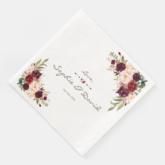 Charm Burgundy Red Marsala Floral Wedding Servet (Hoek)