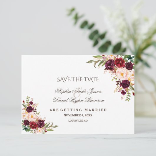 Charm Burgundy Rode Marsala Bloemige Save The Date (Staand voorkant)