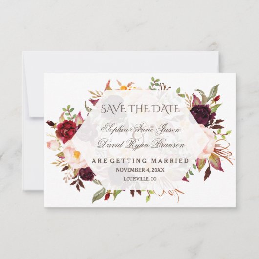 Charm Burgundy Rood Marsala Bloemige Save The Date (Voorkant)