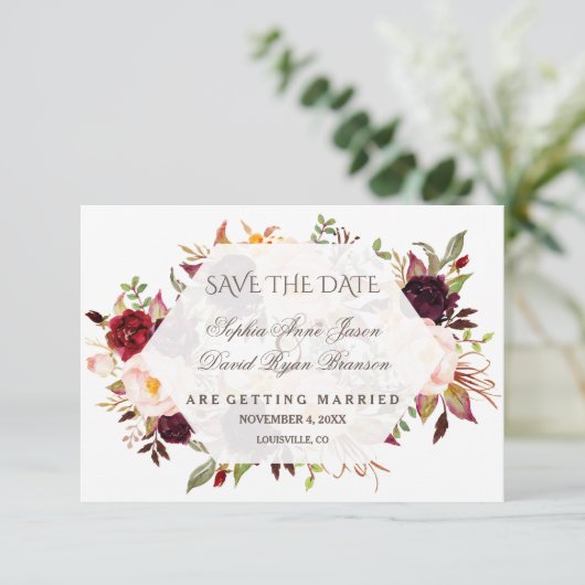 Charm Burgundy Rood Marsala Bloemige Save The Date (Staand voorkant)